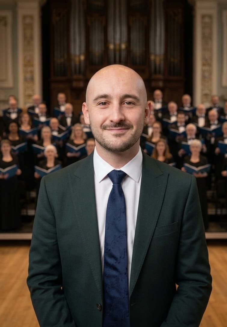 Conductor in a dark suit and blue tie stands facing the camera with a gentle smile, while a choir in dark attire holding blue music folders is seated behind him before a large pipe organ in a historic church hall.